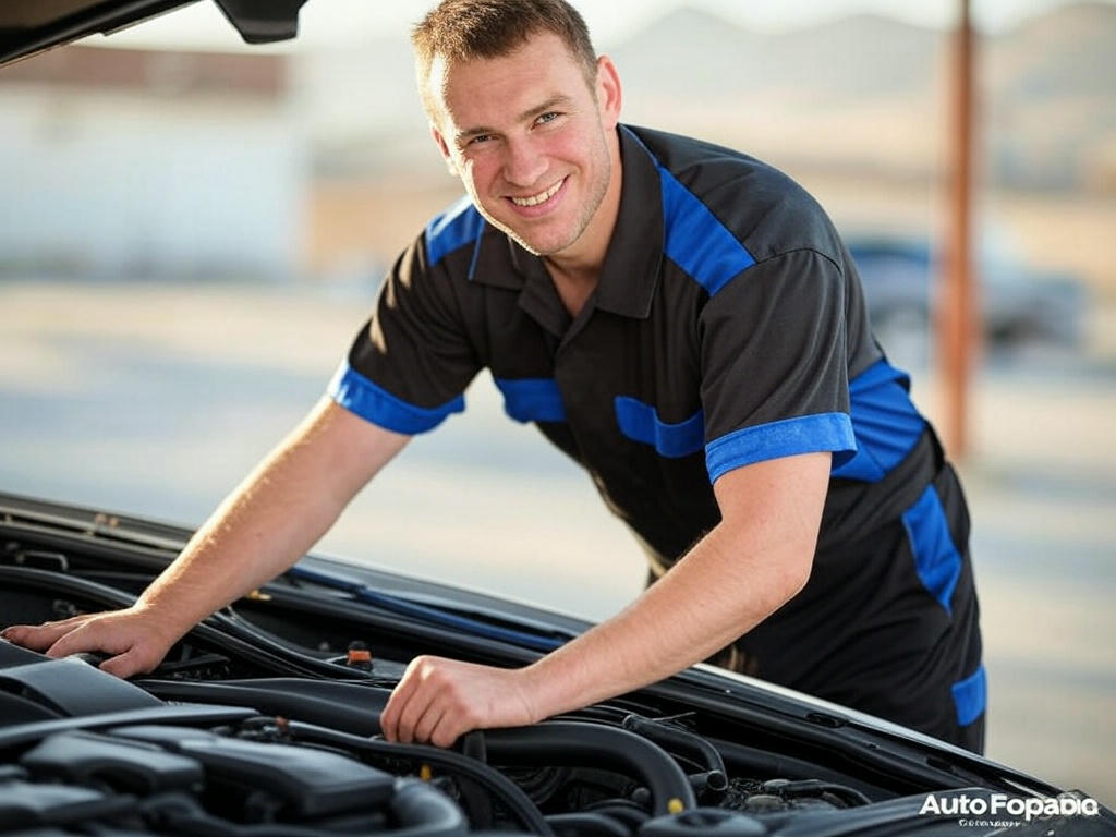 Smiling mechanic in black shirt with royal blue accents repairing a car engine in a Denver neighborhood with Rocky Mountains in the background, featuring the AutoFordable logo and text overlay: Auto Repair Denver – Mobile & Affordable.