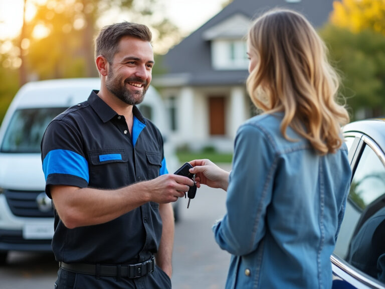 Smiling mobile mechanic in Denver handing car keys to a satisfied customer in front of a house with a service vehicle nearby