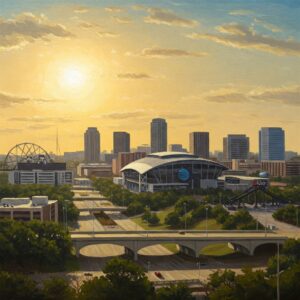 Mobile mechanic Arlington Texas service area view of Arlington cityscape.