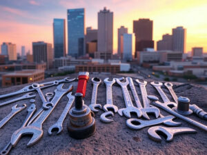 Vibrant Fort Worth, Texas skyline with mobile mechanic tools like a wrench and tire in the foreground, highlighting local automotive services.