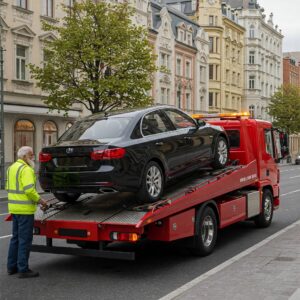 Tow truck towing a vehicle in Fort Worth, Texas, highlighting the hassle mobile mechanics help you avoid with on-site service.