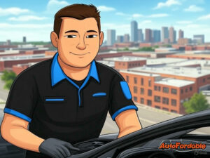 "Cartoon-style Fort Worth area with Stockyards, skyline, and neighborhoods, featuring a mobile mechanic van and tools by AutoFordable.