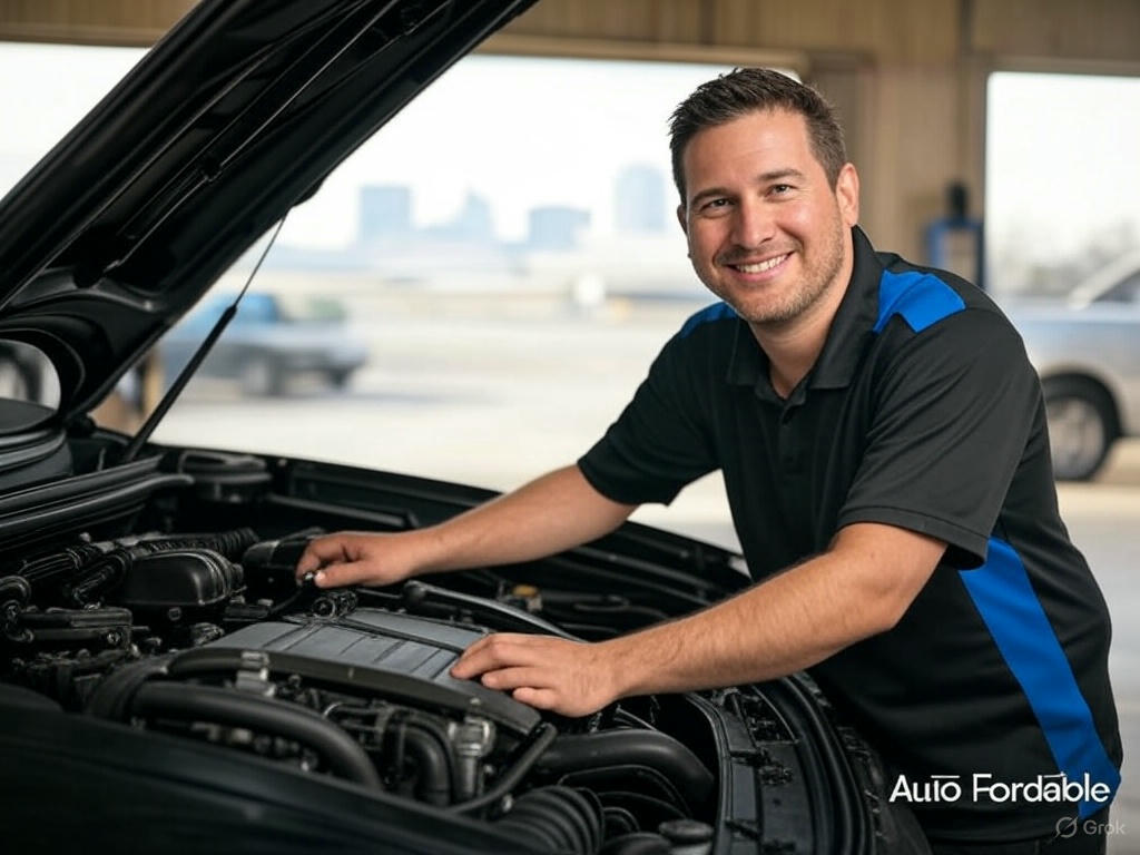 Smiling mechanic in black shirt with royal blue accents repairing a car engine in a Fort Worth neighborhood, Fort Worth skyline in background, with AutoFordable logo and text overlay: Mobile Mechanic Fort Worth – Affordable & Reliable.