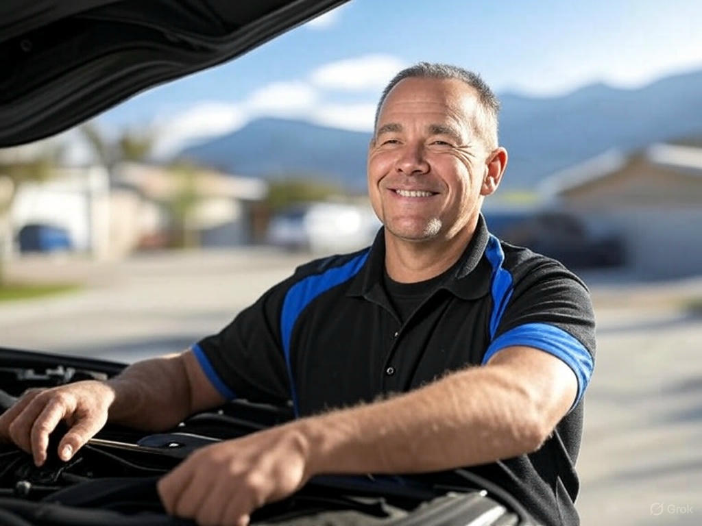 Denver mobile mechanic performing car repair on-site, smiling while working under the hood of a sedan in a residential driveway with the Rocky Mountains in the background.