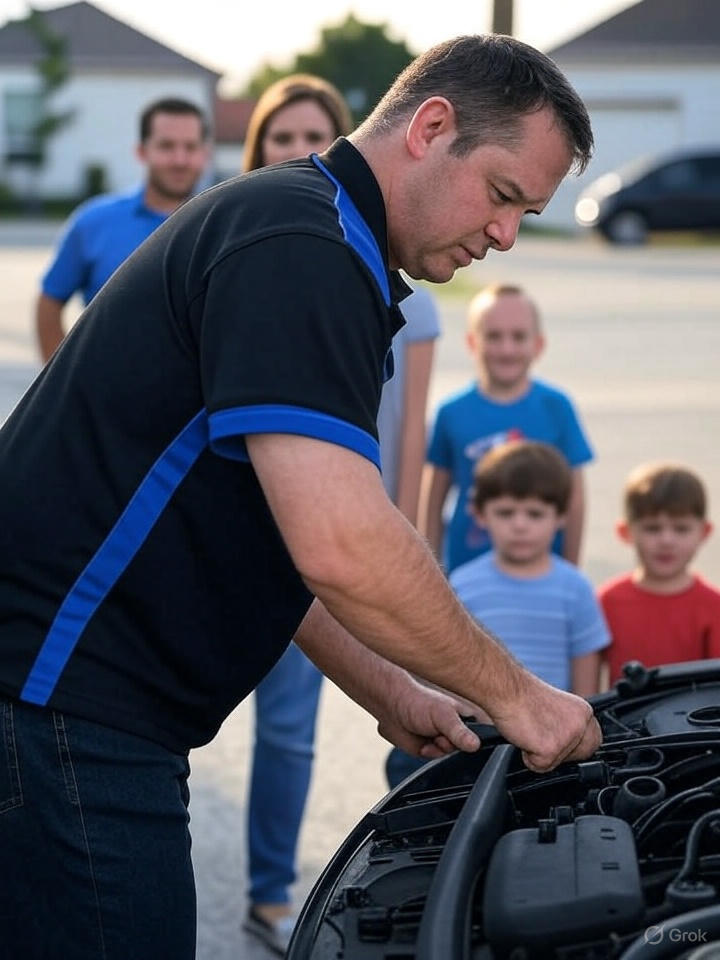 A mobile mechanic in a black shirt with royal blue accents works on a tire while a smiling family watches from a distance in a Denver neighborhood. The mechanic, part of AutoFordable’s Mobile Mechanic Denver team, ensures reliable car repairs. Call 720-507-7918 for expert service.