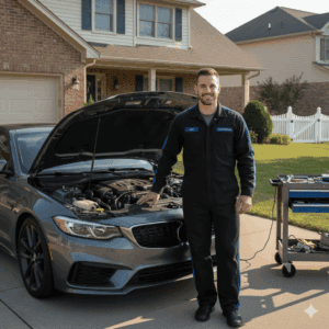 Auto mechanic servicing a car with open hood at a residential driveway, mobile auto repair service, roadside car maintenance, convenient auto mechanic visit, autoFordable mobile mechanics on-site repair.