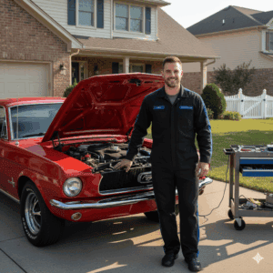 Blue overalls mechanic working on classic red car with open hood in driveway outdoor setting.