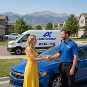Mobile mechanic shaking hands with a woman beside a blue car in Aurora, Colorado, offering on-site car repair services for starting issues.