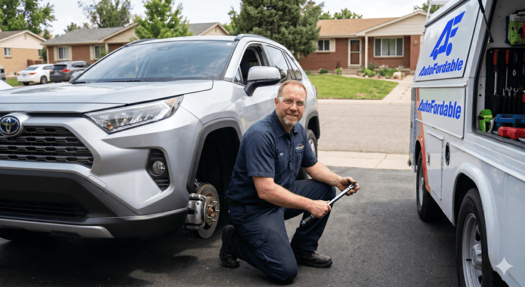 Professional mobile mechanic from AutoFordable performing tire replacement on a Toyota RAV4 in Lakewood, CO. Convenient auto repair service at your location.