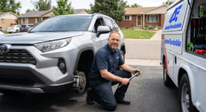 Professional mobile mechanic from AutoFordable performing tire replacement on a Toyota RAV4 in Lakewood, CO. Convenient auto repair service at your location.