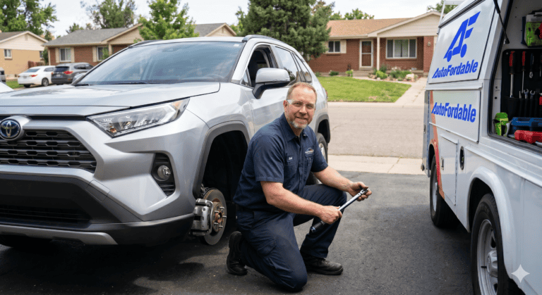 Professional mobile mechanic from AutoFordable performing tire replacement on a Toyota RAV4 in Lakewood, CO. Convenient auto repair service at your location.