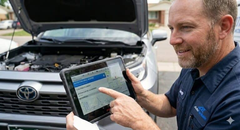 Professional mobile mechanic inspecting a car engine with a tablet in Lakewood CO. Fast, reliable auto repair service at your location.