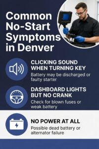 Mobile mechanic diagnosing no-start car issue in Denver, focusing on symptoms like clicking sound, dashboard lights, and no power, for fast auto repair.