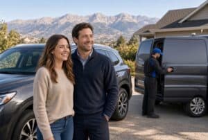 Mobile mechanic providing auto repair services near Denver with a van and technician working on a vehicle.