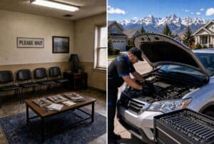 Mobile mechanic inspecting a car engine outdoors with mountains in the background, emphasizing mobile auto repair near Denver.