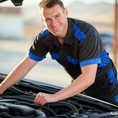 Smiling mechanic in black shirt with royal blue accents repairing a car engine in a Denver neighborhood with Rocky Mountains in the background, featuring the AutoFordable logo and text overlay: Auto Repair Denver – Mobile & Affordable.