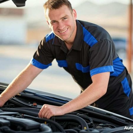 Smiling mechanic in black shirt with royal blue accents repairing a car engine in a Denver neighborhood with Rocky Mountains in the background, featuring the AutoFordable logo and text overlay: Auto Repair Denver – Mobile & Affordable.
