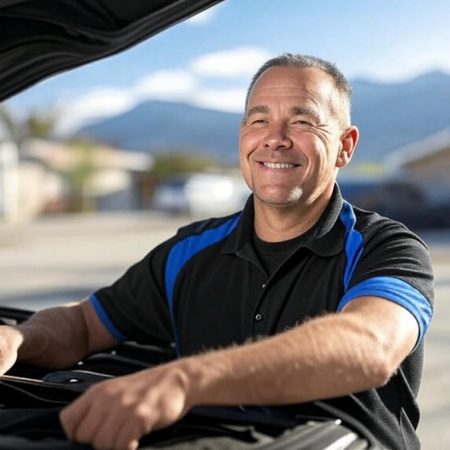 Denver mobile mechanic performing car repair on-site, smiling while working under the hood of a sedan in a residential driveway with the Rocky Mountains in the background.